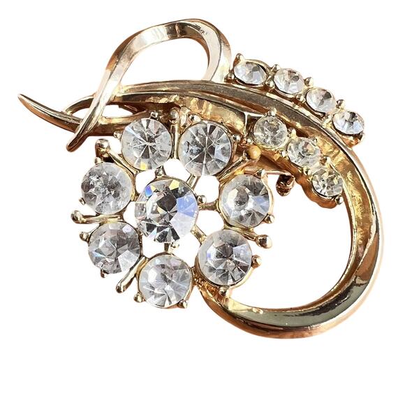 Vtg Coro Flower Brooch Gold Tone Clear Rhinestones Classic Signed Floral Pin Mom - Picture 3 of 12